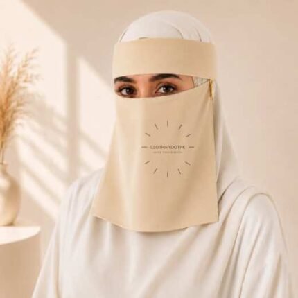 Women wearing Saudi style niqab in lightweight fabric, featuring a wide eye opening and soft draping. BY CLOTHIFYDOTPK