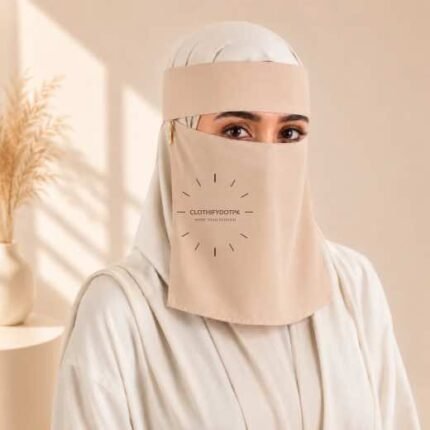 Women wearing Saudi style niqab in lightweight fabric, featuring a wide eye opening and soft draping. BY CLOTHIFYDOTPK