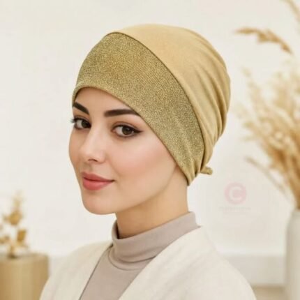 Women wearing Golden Shimmer Stretchy jersey hijab cap By CLOTHIFYDOTPK