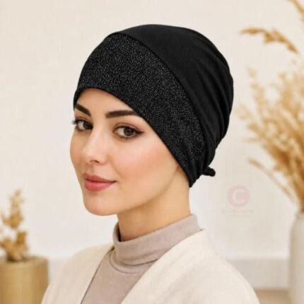 Women wearing Black Shimmer Stretchy jersey hijab cap By CLOTHIFYDOTPK