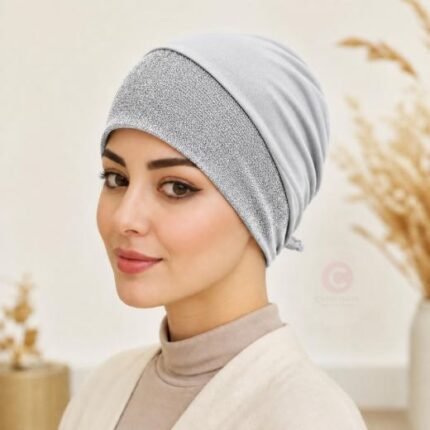 Women wearing Silver gray Shimmer Stretchy jersey hijab cap By CLOTHIFYDOTPK