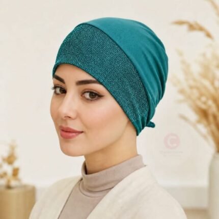 Women wearing Shimmer Stretchy jersey hijab cap By CLOTHIFYDOTPK