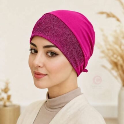 Women wearing Shimmer Stretchy jersey hijab cap By CLOTHIFYDOTPK
