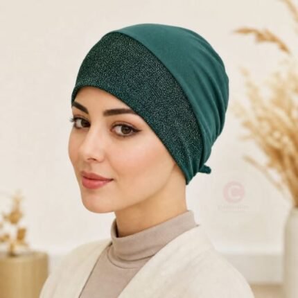 Women wearing Shimmer Stretchy jersey hijab cap By CLOTHIFYDOTPK