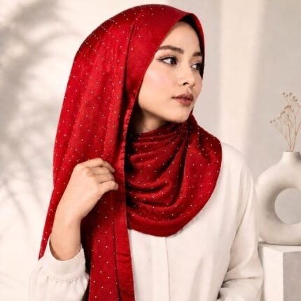 Woman wearing an elegant stone silk hijab in a crimson red color – soft fabric draping over her head and shoulder with natural lighting.