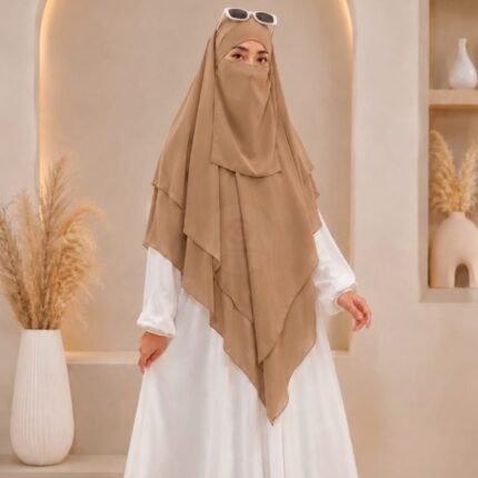 A flowing three layer khimar Hijab, made of three separate layers of chiffon. By Clothifydotpk
