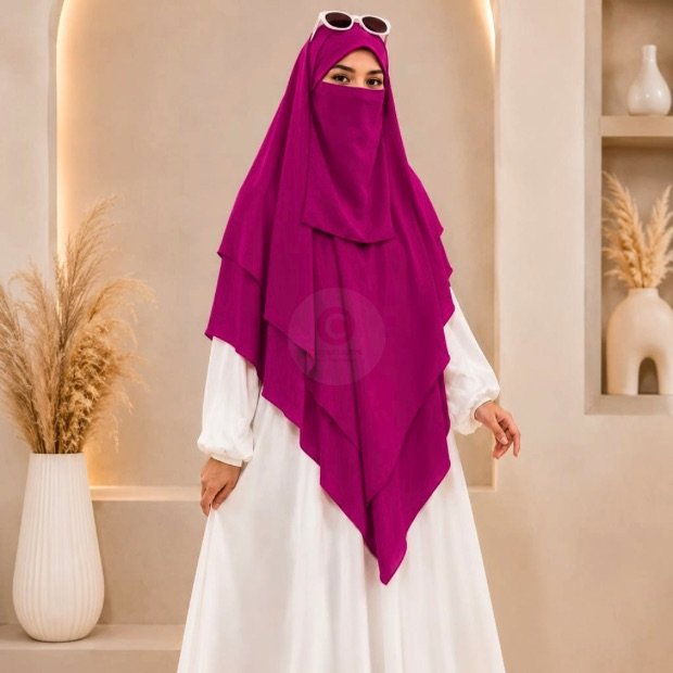 A woman wearing a three layer khimar hijab, with the first layer covering her head and draping down over her chest, and two additional sheer or lightweight layers cascading underneath. BY CLOTHIFYDOTPK