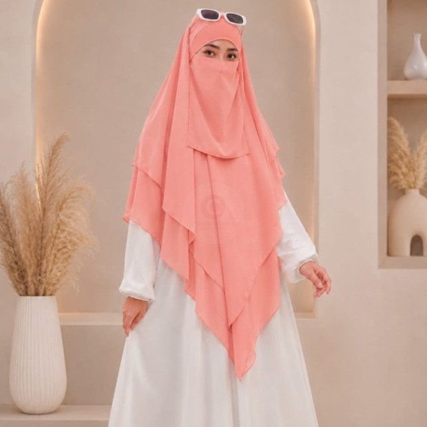 A women wearing flowing khimar three layer Hijab, made of three separate layers of chiffon - Buy Khimar Online Pakistan - By Clothifydotpk