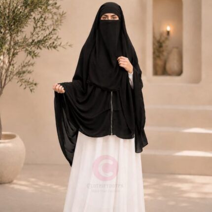 Woman wearing a black zipper hijab with niqab, easy one-step closure for modest wear. By CLOTHIFYDOTPK