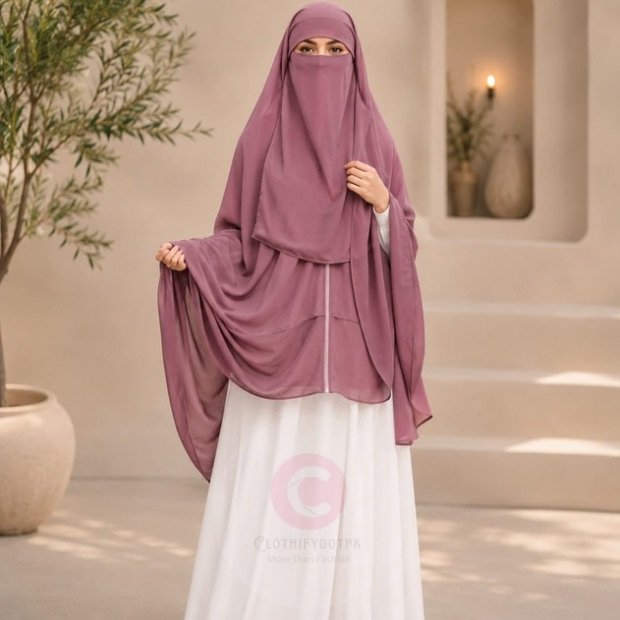 Woman wearing a tea pink zipper hijab with niqab, easy one-step closure for modest wear. By CLOTHIFYDOTPK