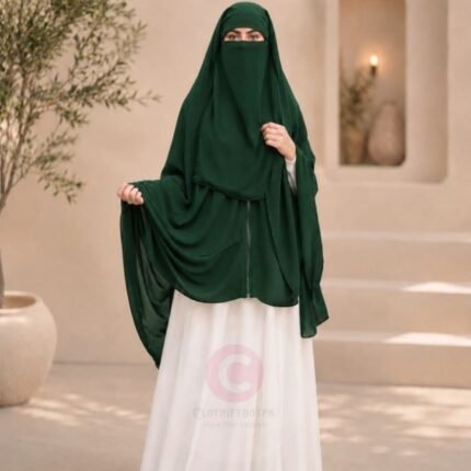 Woman wearing a green zipper hijab with niqab, easy one-step closure for modest wear. By CLOTHIFYDOTPK