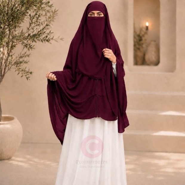 Zipper_Hijab0913 - 6 Woman wearing a mulberry zipper hijab with niqab, easy one-step closure for modest wear. By CLOTHIFYDOTPK