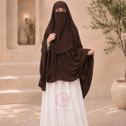 Woman wearing a brown full coverage zipper hijab with niqab, easy one-step closure for modest wear. By CLOTHIFYDOTPK