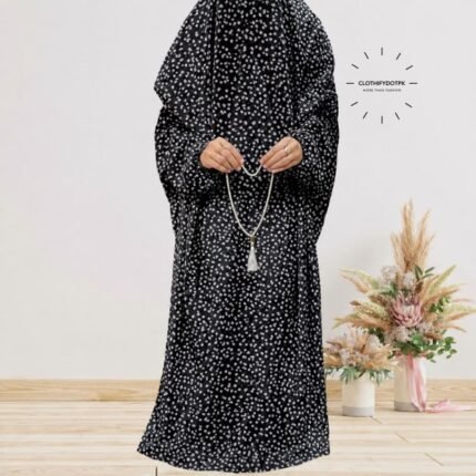 Women's printed Arabic namaz chadar – full coverage modest Islamic prayer outfit combining comfort and style. Premium quality abaya-style namaz chadar for Muslim women praying at home or mosque. Available at CLOTHIFYDOTPK.