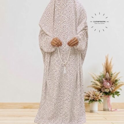 Women's printed Arabic namaz chadar – full coverage modest Islamic prayer outfit combining comfort and style. Premium quality abaya-style namaz chadar for Muslim women praying at home or mosque. Available at CLOTHIFYDOTPK.
