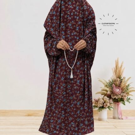 Women's printed Arabic namaz chadar – full coverage modest Islamic prayer outfit combining comfort and style. Premium quality abaya-style namaz chadar for Muslim women praying at home or mosque. Available at CLOTHIFYDOTPK.