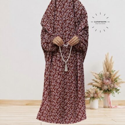 Women's printed Arabic namaz chadar – full coverage modest Islamic prayer outfit combining comfort and style. Premium quality abaya-style namaz chadar for Muslim women praying at home or mosque. Available at CLOTHIFYDOTPK.