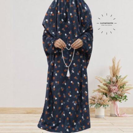 Women's wearing printed Saudi Style namaz chadar – full coverage modest Islamic prayer outfit combining comfort and style. Premium quality abaya-style namaz chadar for Muslim women praying at home or mosque. Available at CLOTHIFYDOTPK.