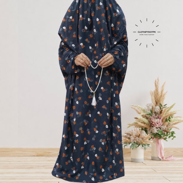 Arabic Namaz Chadar_N23 - 25 Women's wearing printed Saudi Style namaz chadar – full coverage modest Islamic prayer outfit combining comfort and style. Premium quality abaya-style namaz chadar for Muslim women praying at home or mosque. Available at CLOTHIFYDOTPK.