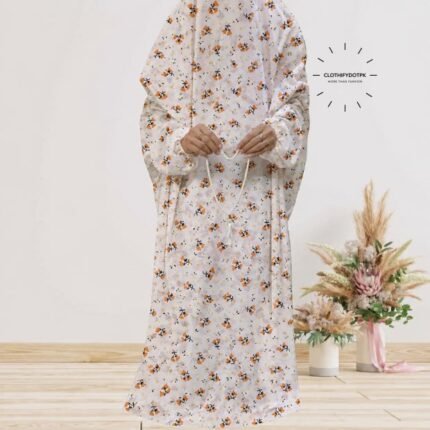 Women's wearing printed Saudi Style namaz chadar – full coverage modest Islamic prayer outfit combining comfort and style. Premium quality abaya-style namaz chadar for Muslim women praying at home or mosque. Available at CLOTHIFYDOTPK.