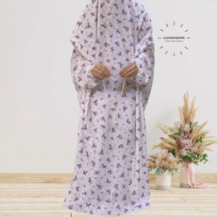 Women's wearing printed Saudi Style namaz chadar – full coverage modest Islamic prayer outfit combining comfort and style. Premium quality abaya-style namaz chadar for Muslim women praying at home or mosque. Available at CLOTHIFYDOTPK.