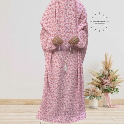 Women's wearing printed Saudi Style namaz chadar – full coverage modest Islamic prayer outfit combining comfort and style. Premium quality abaya-style namaz chadar for Muslim women praying at home or mosque. Available at CLOTHIFYDOTPK.