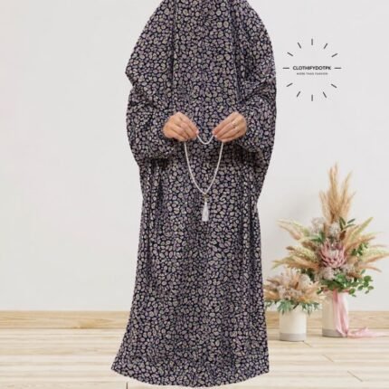 Women's wearing printed Arabic namaz chadar – full coverage modest Islamic prayer outfit combining comfort and style. Premium quality abaya-style namaz chadar for Muslim women praying at home or mosque. Available at CLOTHIFYDOTPK.
