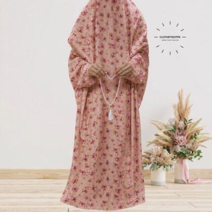 Women's wearing printed Arabic namaz chadar – full coverage modest Islamic prayer outfit combining comfort and style. Premium quality abaya-style namaz chadar for Muslim women praying at home or mosque. Available at CLOTHIFYDOTPK.