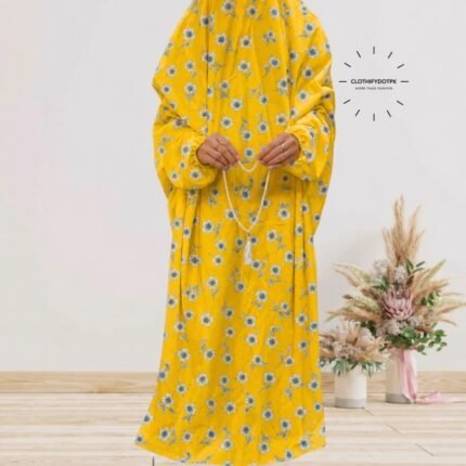 Women's printed Arabic namaz chadar – full coverage modest Islamic prayer outfit combining comfort and style. Premium quality abaya-style namaz chadar for Muslim women praying at home or mosque. Available at CLOTHIFYDOTPK.