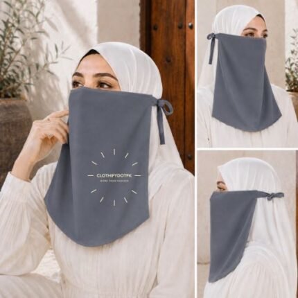 Woman wearing easy wear tie back half niqab in breathable soft double layered chiffon, front coverage side view adjustable closure. BY CLOTHIFYDOTPK