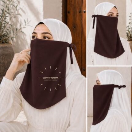 Woman wearing easy wear tie back half niqab in breathable soft double layered chiffon, front coverage side view adjustable closure. BY CLOTHIFYDOTPK