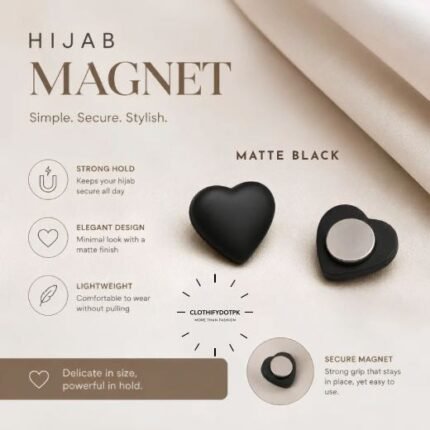 Pair of premium hijab magnets with strong magnetic closure – snag-free and pin-free alternative for secure everyday wear. BY CLOTHIFYDOTPK