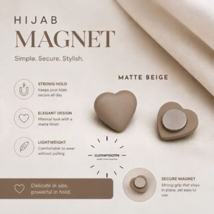 Pair of premium hijab magnets with strong magnetic closure – snag-free and pin-free alternative for secure everyday wear. BY CLOTHIFYDOTPK