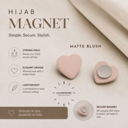 Pair of premium hijab magnets with strong magnetic closure – snag-free and pin-free alternative for secure everyday wear. BY CLOTHIFYDOTPK