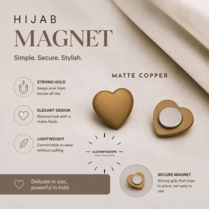 Pair of premium hijab magnets with strong magnetic closure – snag-free and pin-free alternative for secure everyday wear. BY CLOTHIFYDOTPK