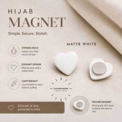 Pair of premium hijab magnets with strong magnetic closure – snag-free and pin-free alternative for secure everyday wear. BY CLOTHIFYDOTPK
