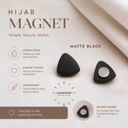 Pair of premium hijab magnets with strong magnetic closure – snag-free and pin-free alternative for secure everyday wear. BY CLOTHIFYDOTPK