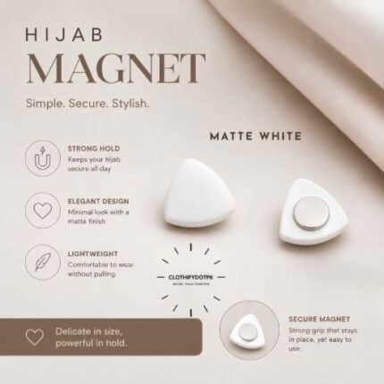 Pair of premium hijab magnets with strong magnetic closure – snag-free and pin-free alternative for secure everyday wear. BY CLOTHIFYDOTPK