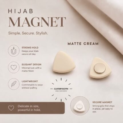 Pair of premium hijab magnets with strong magnetic closure – snag-free and pin-free alternative for secure everyday wear. BY CLOTHIFYDOTPK