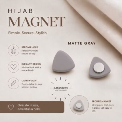 Pair of premium hijab magnets with strong magnetic closure – snag-free and pin-free alternative for secure everyday wear. BY CLOTHIFYDOTPK