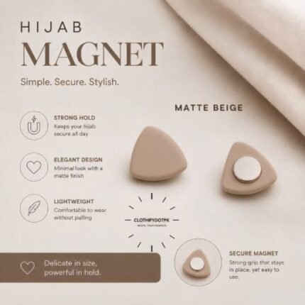 Pair of premium hijab magnets with strong magnetic closure – snag-free and pin-free alternative for secure everyday wear. BY CLOTHIFYDOTPK