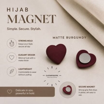 Pair of premium hijab magnets with strong magnetic closure – snag-free and pin-free alternative for secure everyday wear. BY CLOTHIFYDOTPK