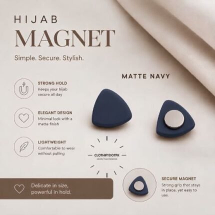 Pair of premium hijab magnets with strong magnetic closure – snag-free and pin-free alternative for secure everyday wear. BY CLOTHIFYDOTPK