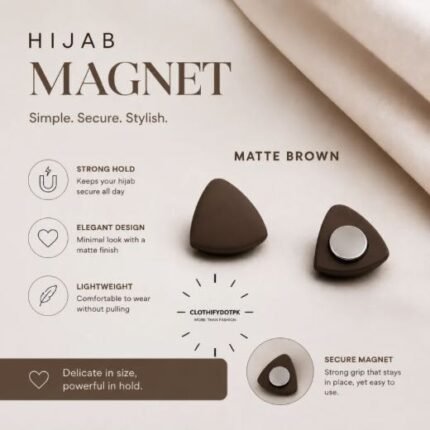 Pair of premium hijab magnets with strong magnetic closure – snag-free and pin-free alternative for secure everyday wear. BY CLOTHIFYDOTPK