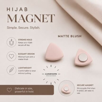 Pair of premium hijab magnets with strong magnetic closure – snag-free and pin-free alternative for secure everyday wear. BY CLOTHIFYDOTPK