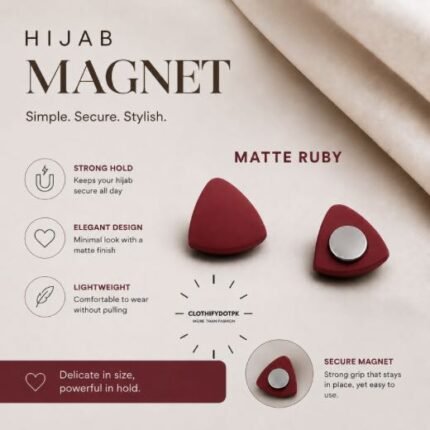 Pair of premium hijab magnets with strong magnetic closure – snag-free and pin-free alternative for secure everyday wear. BY CLOTHIFYDOTPK