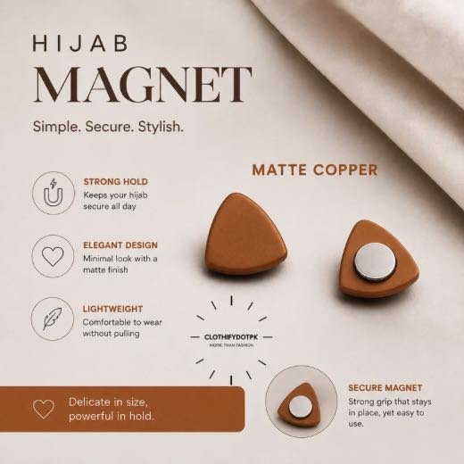 Pair of premium hijab magnets with strong magnetic closure – snag-free and pin-free alternative for secure everyday wear. BY CLOTHIFYDOTPK