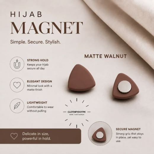Pair of premium hijab magnets with strong magnetic closure – snag-free and pin-free alternative for secure everyday wear. BY CLOTHIFYDOTPK