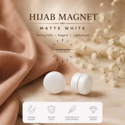 Set of 2 strong decorative hijab magnets – no-pin magnetic hijab clasps for secure, wrinkle-free draping. Ideal for instant hijab styling. Online BY CLOTHIFYDOTPK