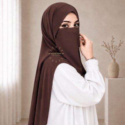 A woman wearing a complete two piece hijab set with a niqab covering her face, leaving only eyes visible. The set includes an Hijab and separate niqab. By CLOTHIFYDOTPK